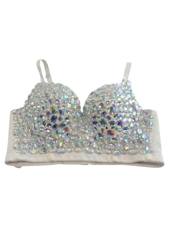 None Other - SPARKLY Faceted Crystal Embellished White Bralette Bra Top Adjustable 34/75